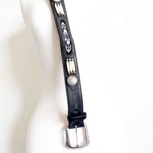 Vtg 90s Justin Black Leather Southwest Concho Bead Inlay Belt Buckle Women's 34
